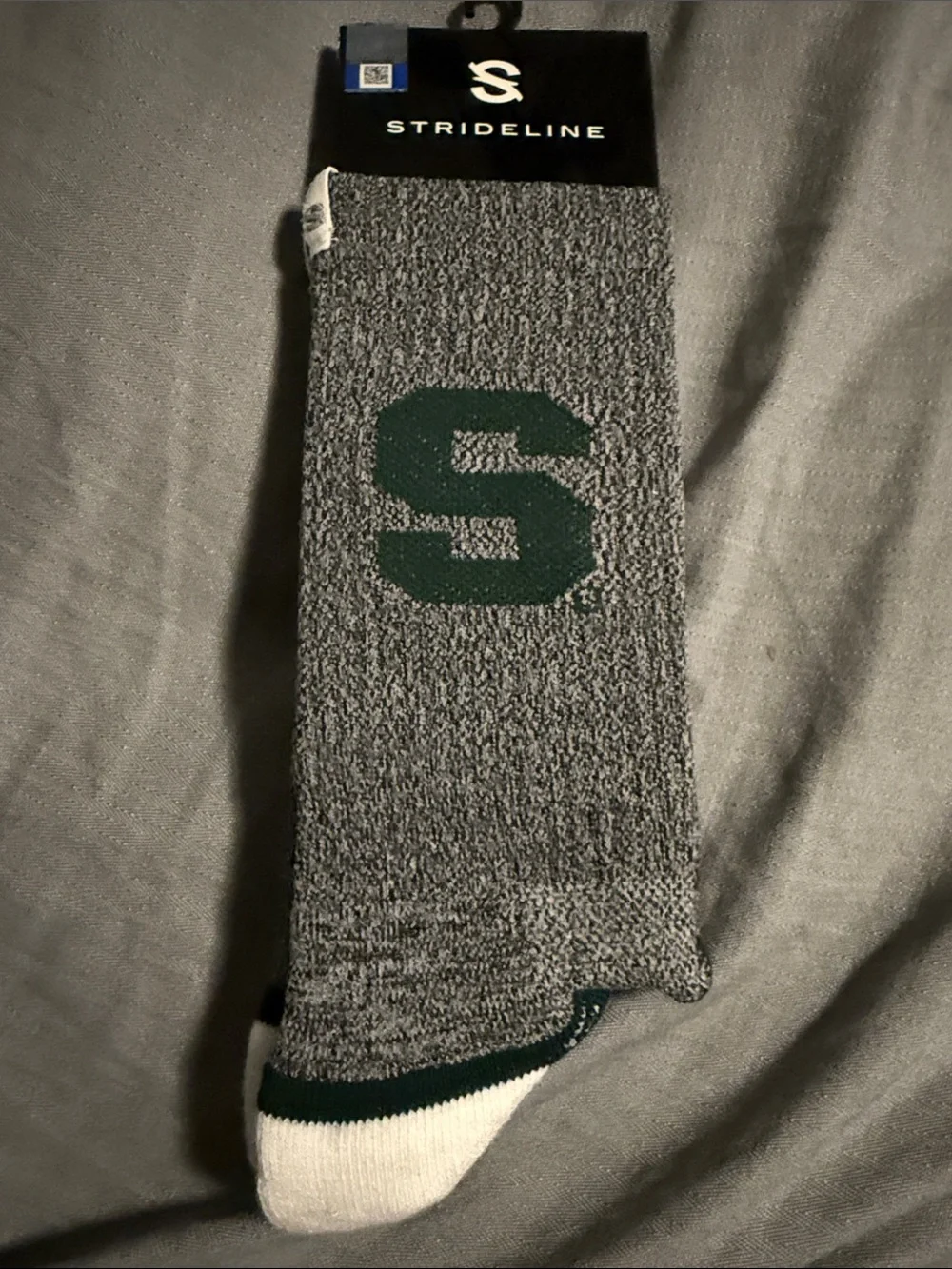 Strideline Men's Grey Crew Socks with Green Spartan “S” Logo NWT